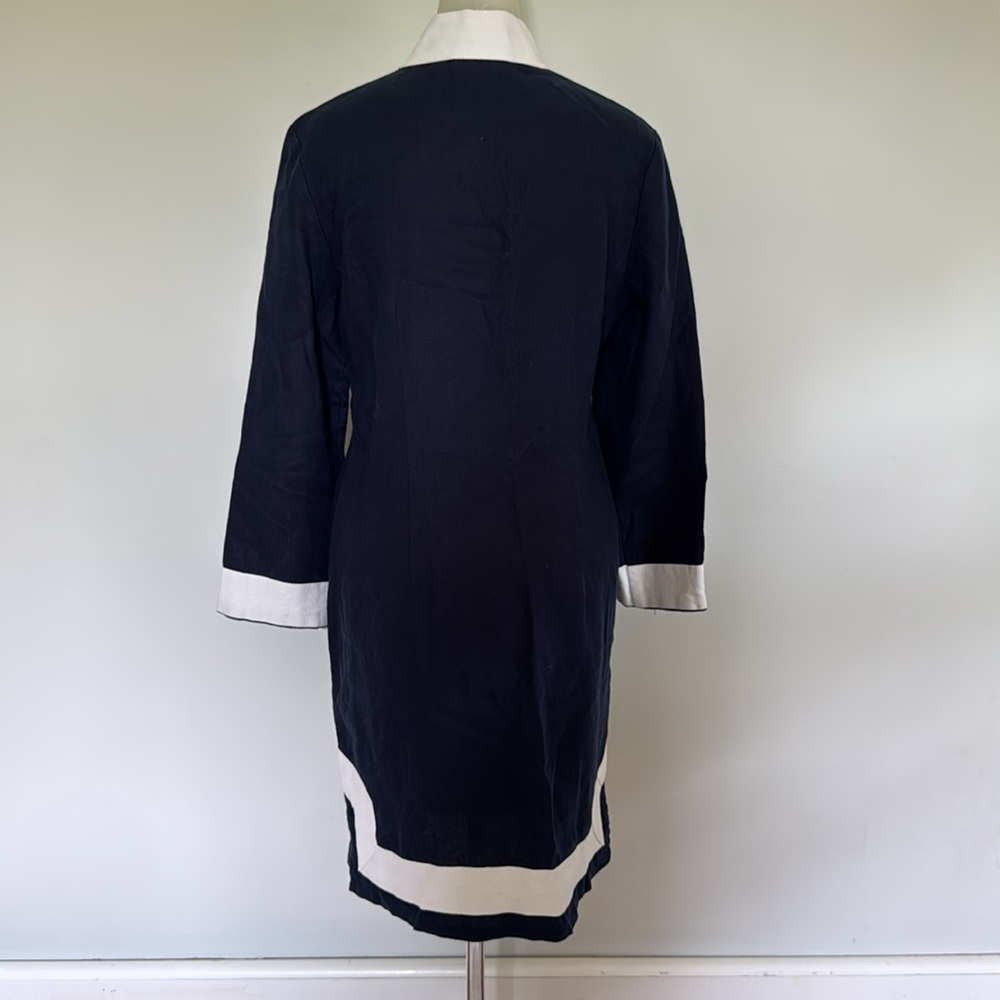Sail to Sable Navy blue Linen Tunic Dress Small S white contrast trim - Picture 2 of 4